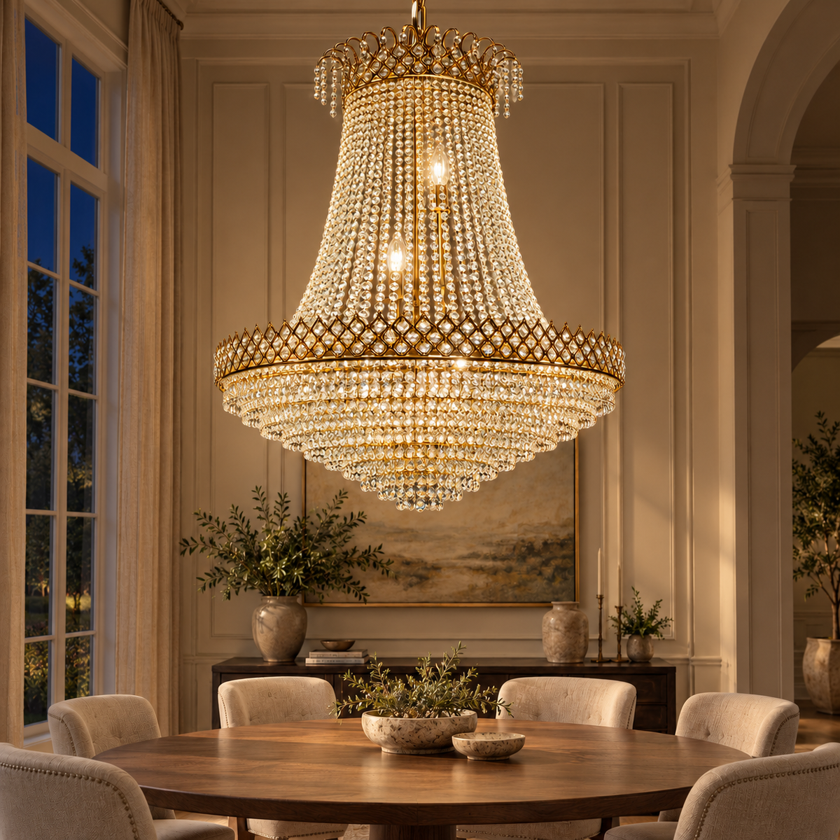 Gold-Tone Beaded Basket Chandelier shown illuminated in an evening interior
