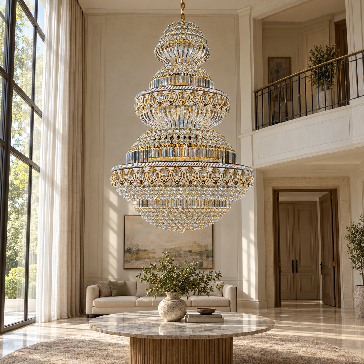 DL88188GD--60''X110'‘ gold-tone grand crystal-ball chandelier in a daylight interior.