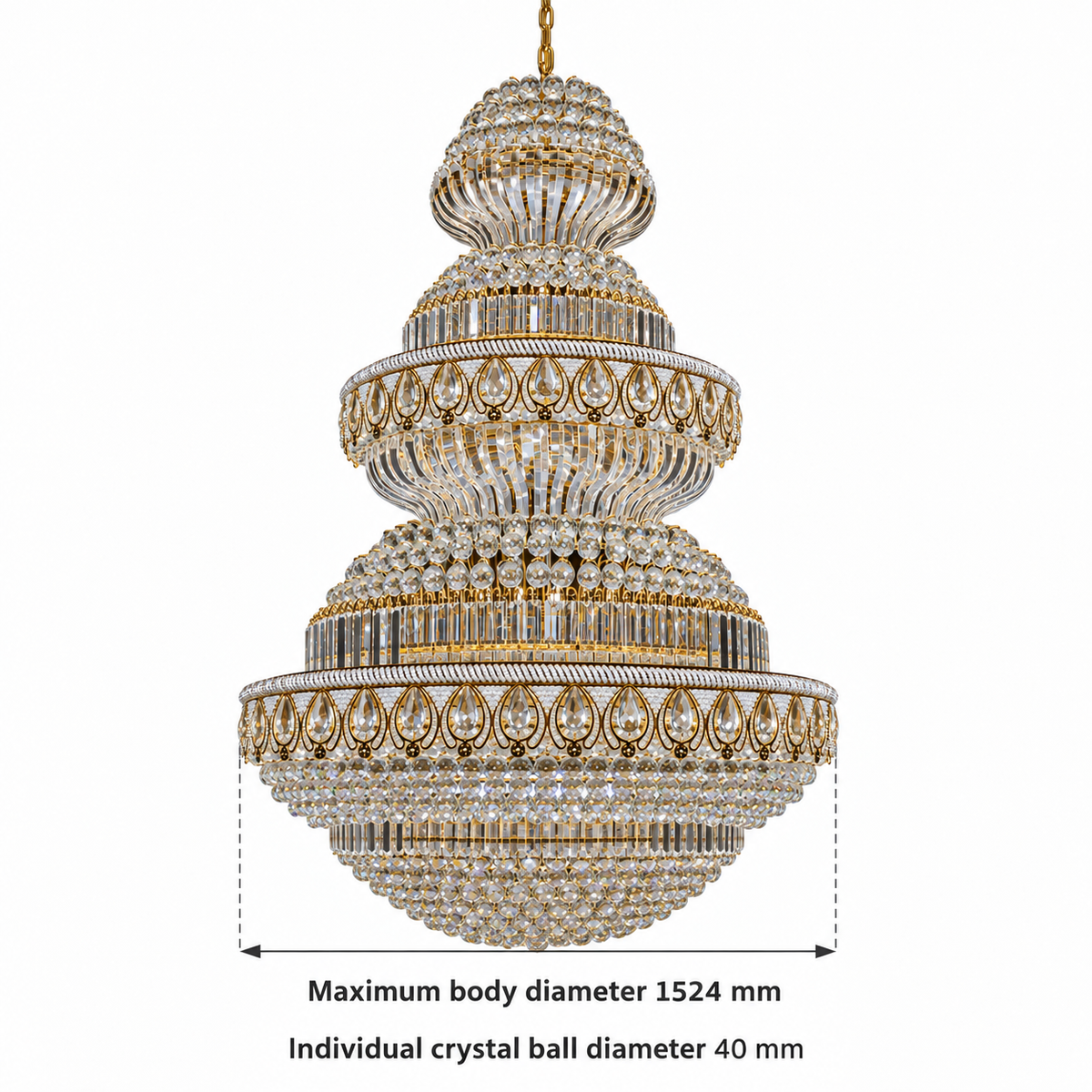 DL88188GD--60''X110'‘ dimension view: Maximum body diameter: 1524 mm (60 in); Individual crystal ball diameter: 40 mm.