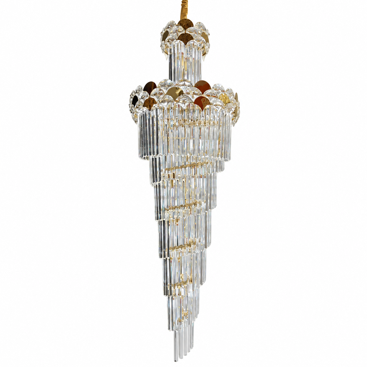 Studio view of DM1268-GD--600x1800, gold-tone floral prism cascade chandelier.