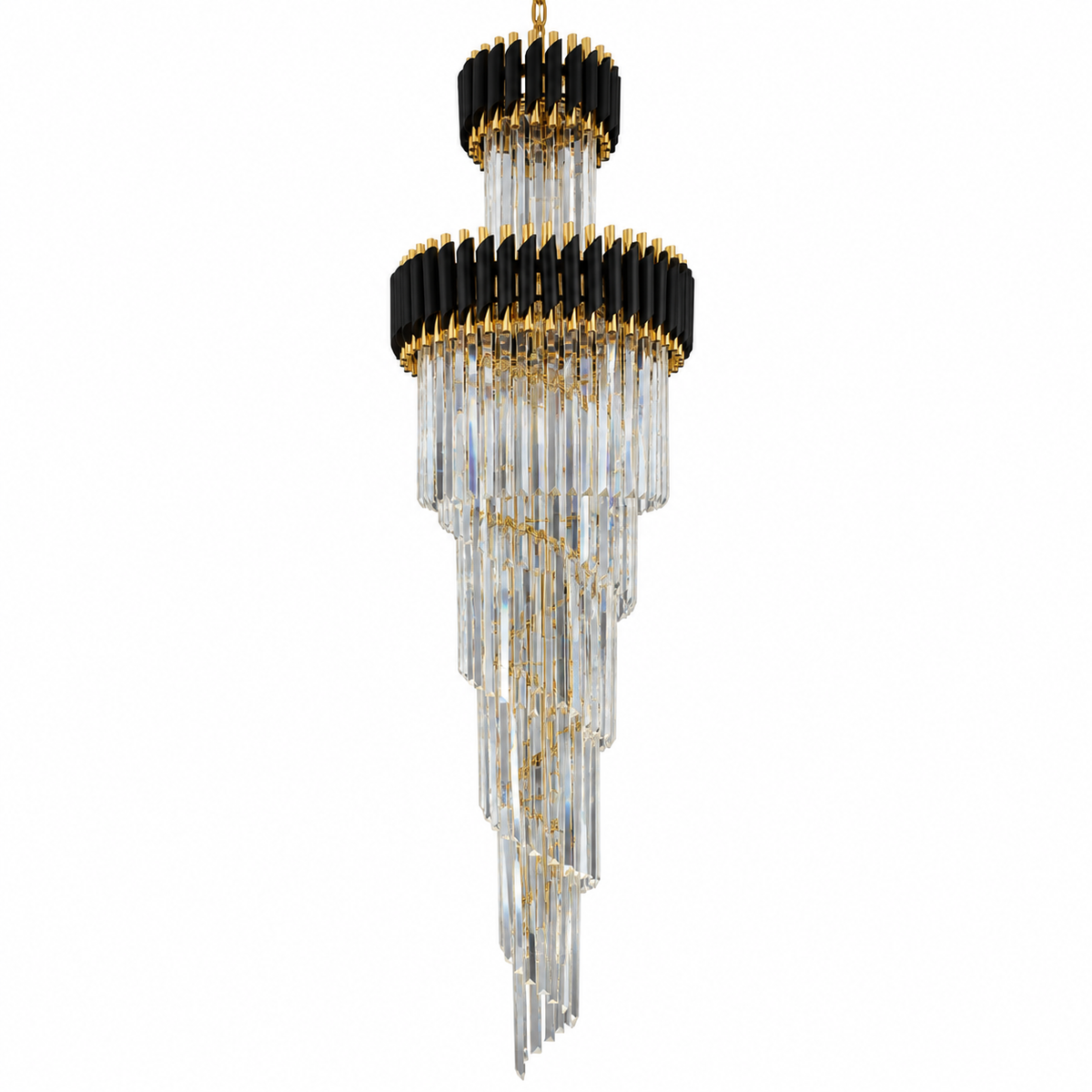 Black and Gold-Tone Tiered Prism Chandelier shown unlit against a studio background