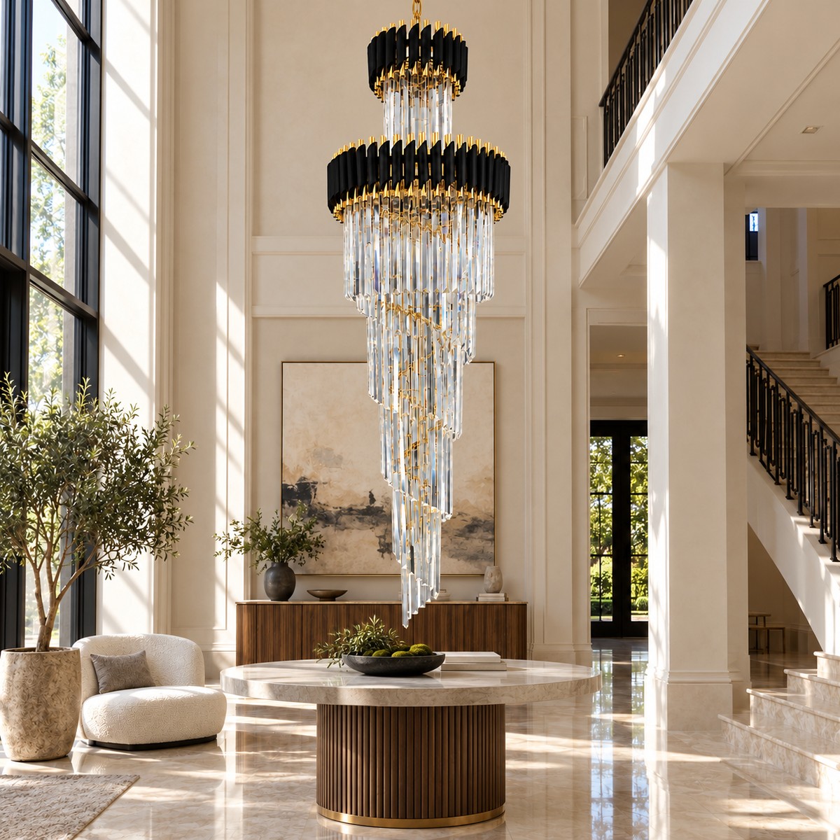 Black and Gold-Tone Tiered Prism Chandelier shown unlit in a daytime interior