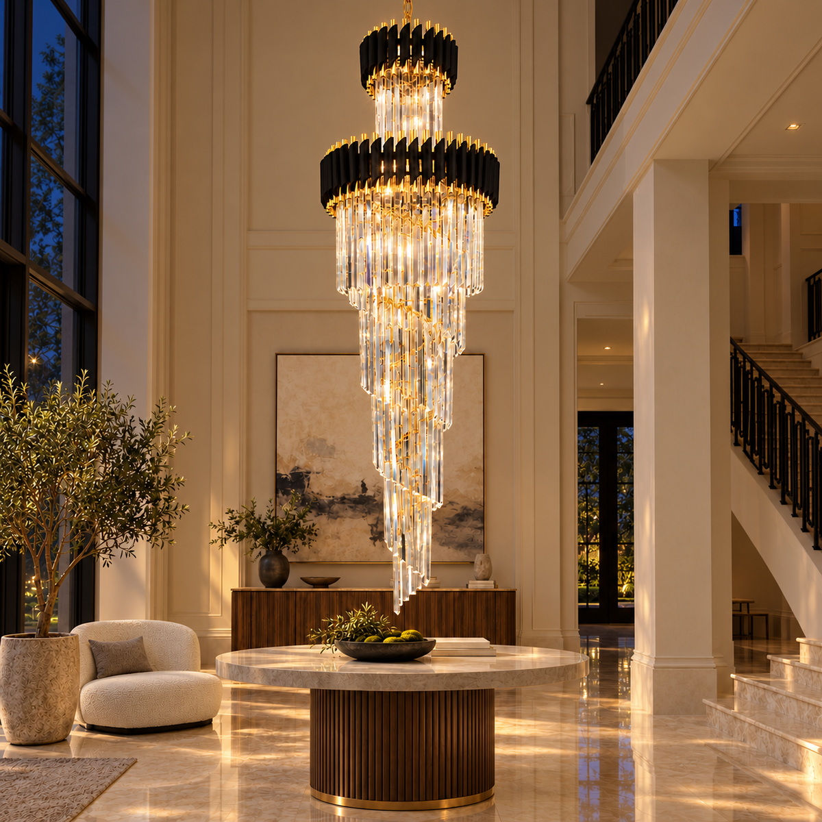 Black and Gold-Tone Tiered Prism Chandelier shown illuminated in an evening interior