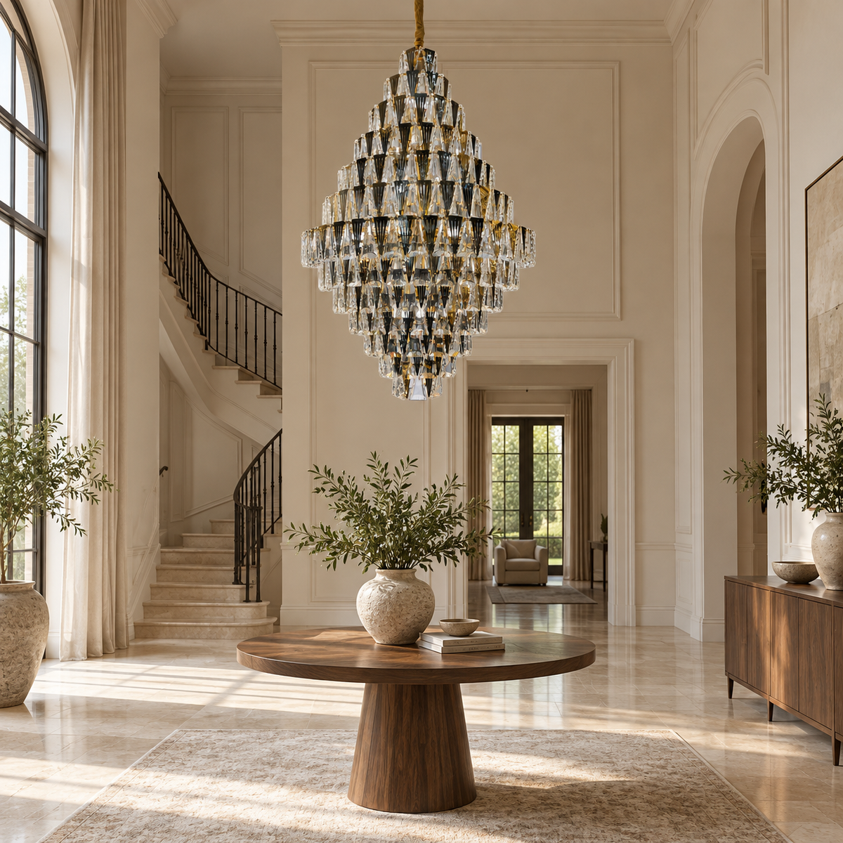 DM8607 Gold and Clear Crystal Chandelier shown unlit in a daylight interior.