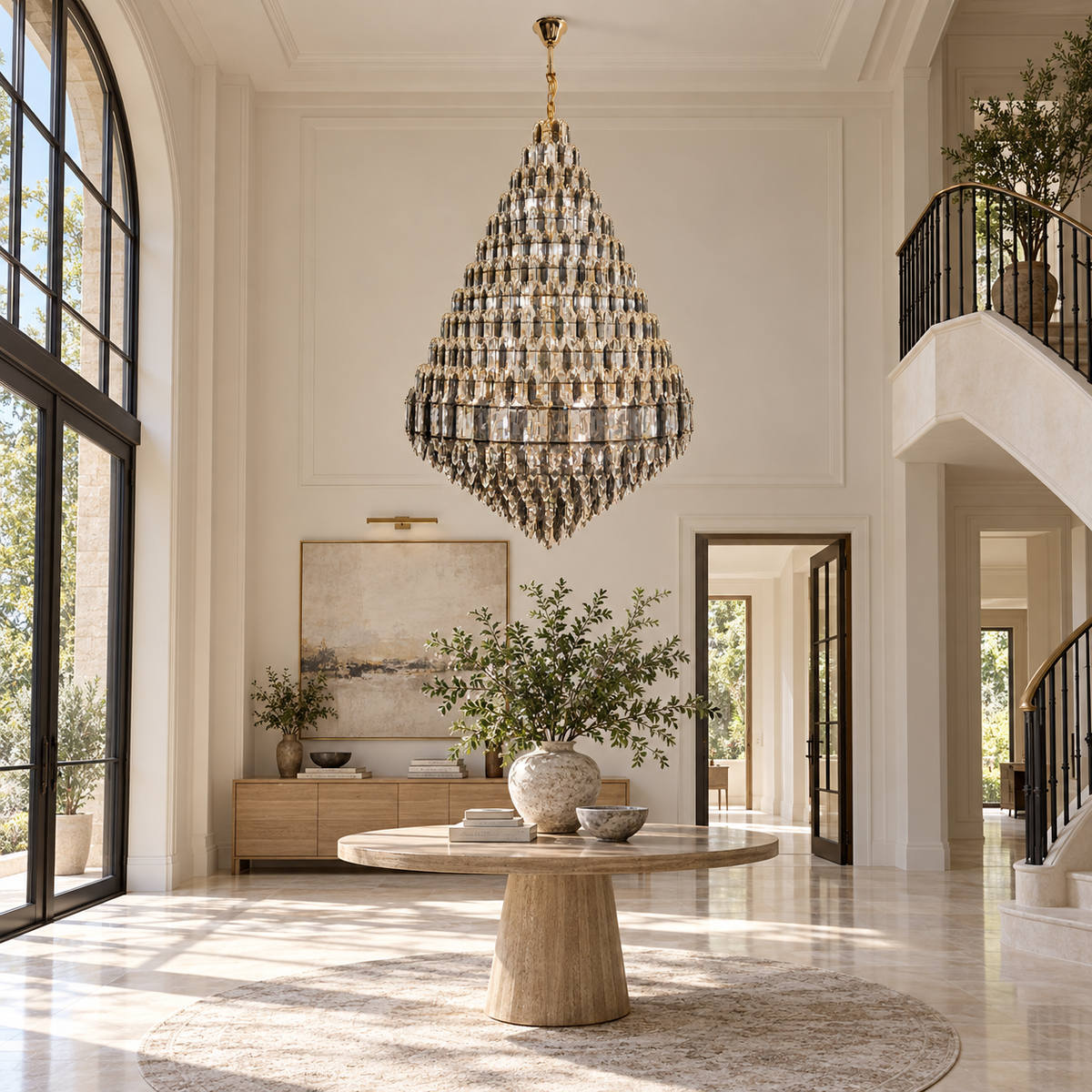 DM8688 Gold, Smoke and Clear Crystal Chandelier shown unlit in a daylight interior.