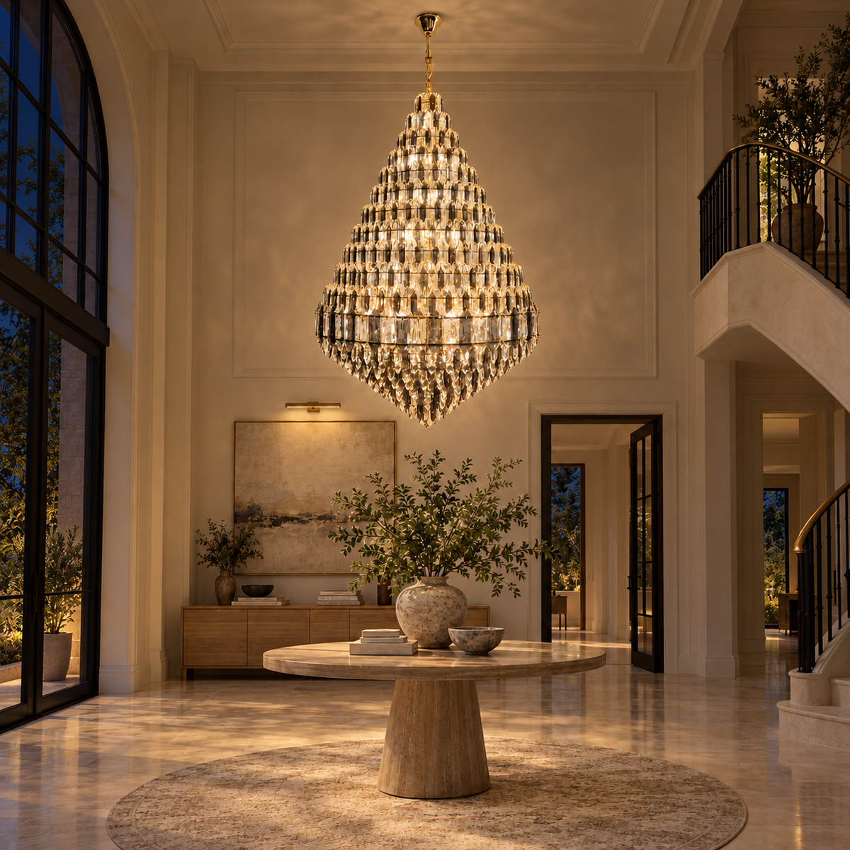 DM8688 Gold, Smoke and Clear Crystal Chandelier illuminated in the matching evening interior.