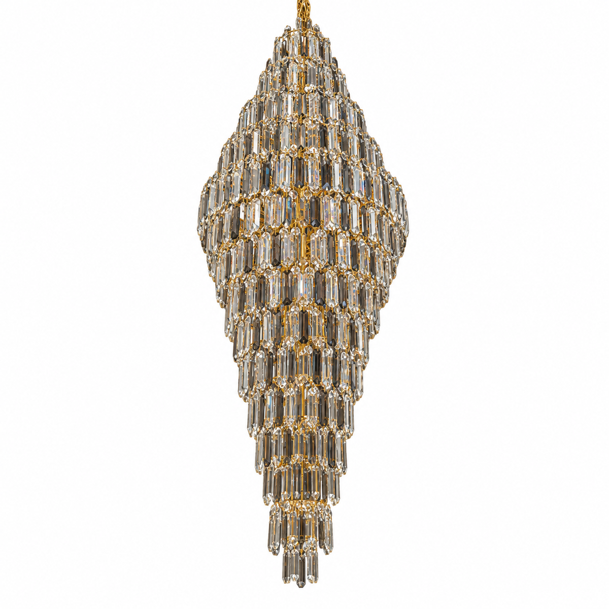 Studio view of DM901-GD--800xH2500, smoke and clear crystal cascade chandelier.