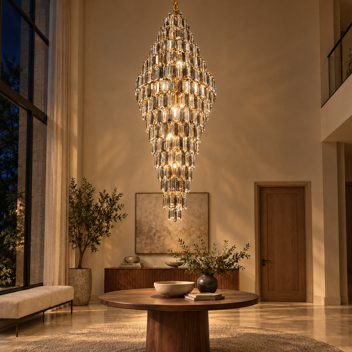 DM901-GD--800xH2500 smoke and clear crystal cascade chandelier illuminated in a night interior.