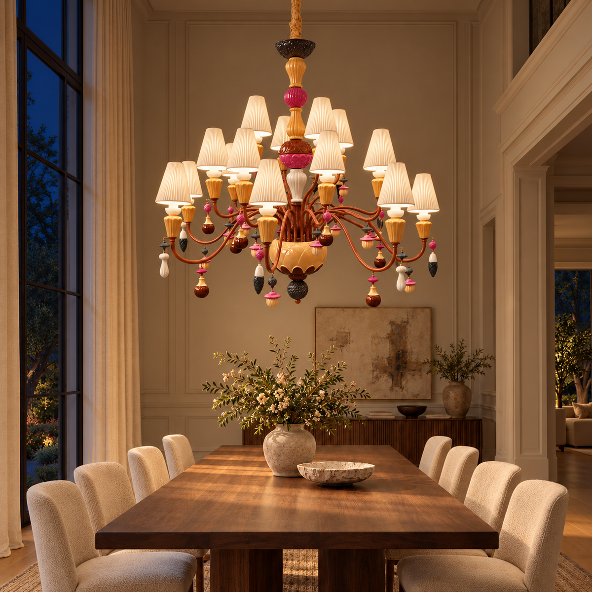 DP68021—8+8+4 brown ceramic-shade chandelier illuminated in a night interior.
