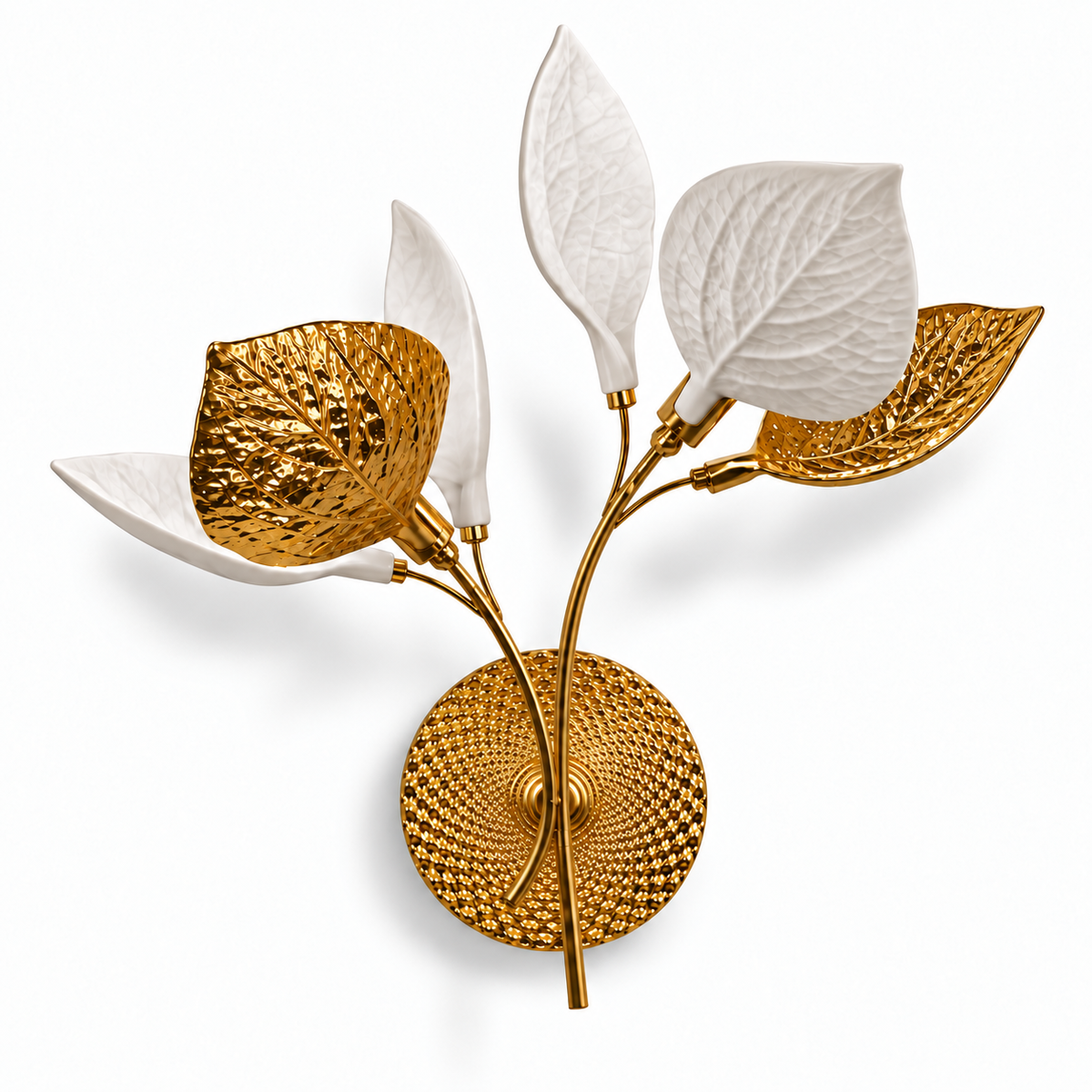 Ceramic Leaf Branch Wall Light with four white leaves, two gold-tone leaves and branching stems, shown switched off against a white background
