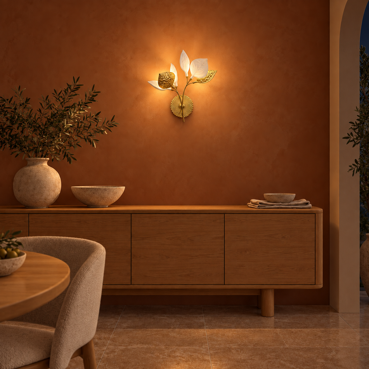 Ceramic Leaf Branch Wall Light illuminated in a night-time interior