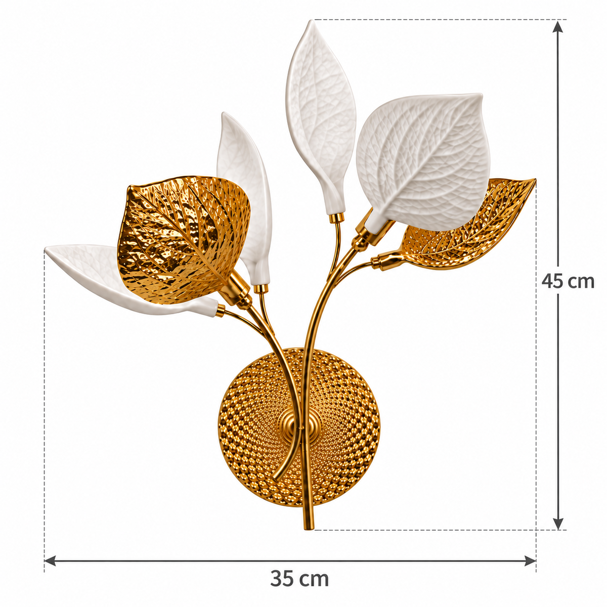 Ceramic Leaf Branch Wall Light dimension guide showing overall height 45 cm; overall width 35 cm
