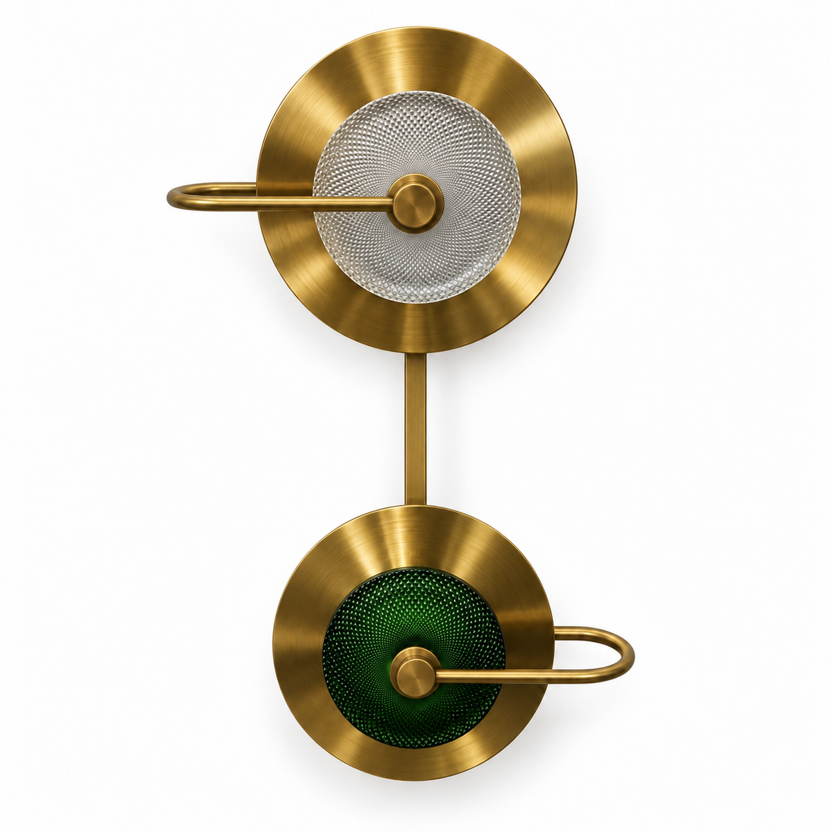 Clear and Green Twin Disc Wall Light, switched off on a white studio background.