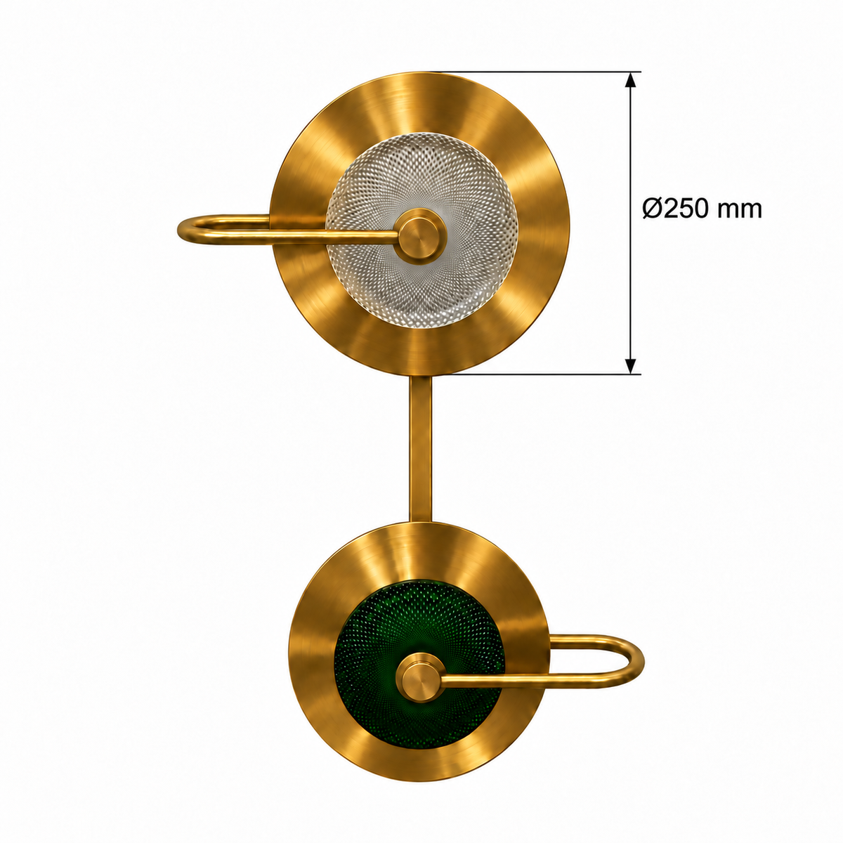 Clear and Green Twin Disc Wall Light dimension diagram showing upper circular disc diameter 250 mm.