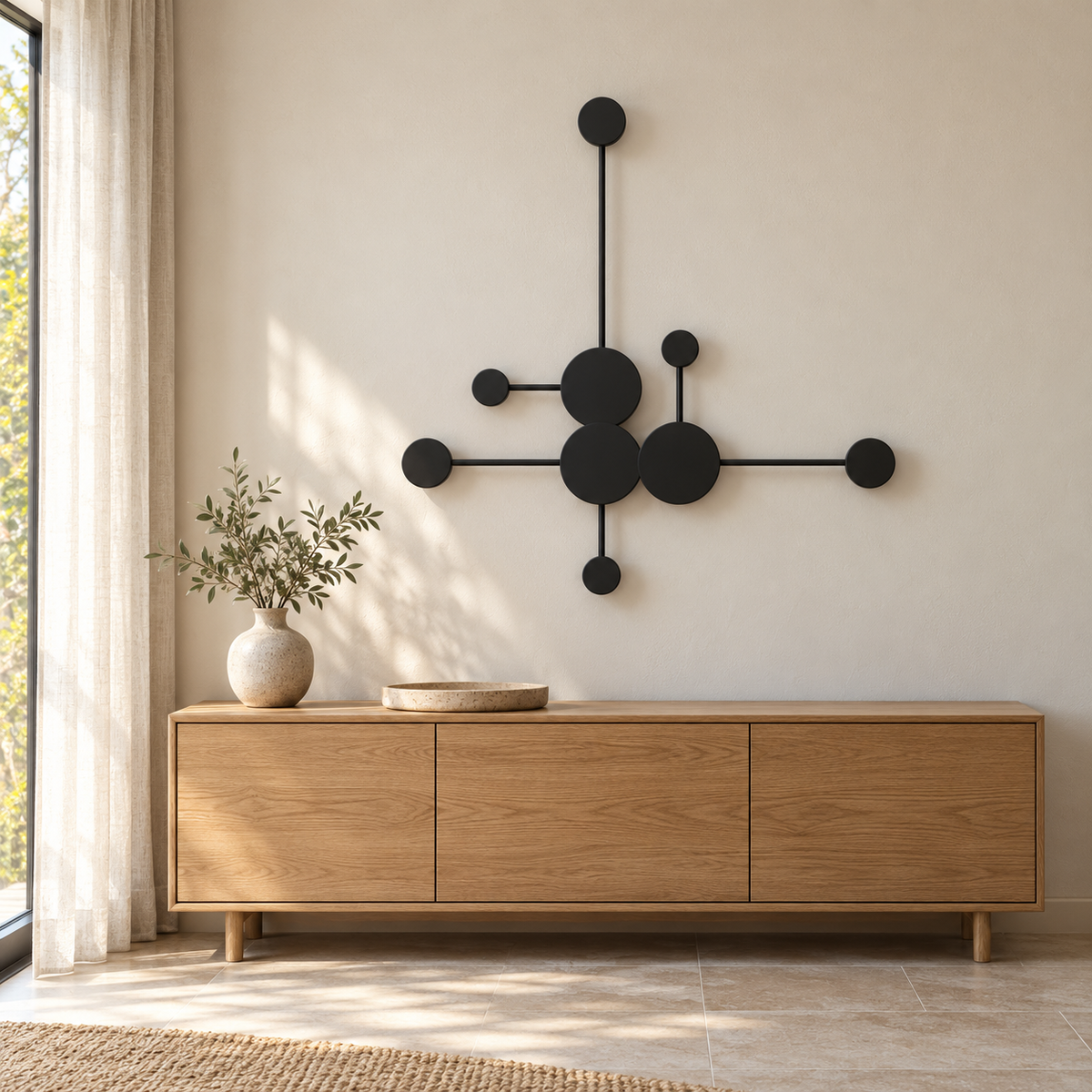 Black branching wall light with three central discs and six smaller satellite discs, switched off in a daylight interior setting.