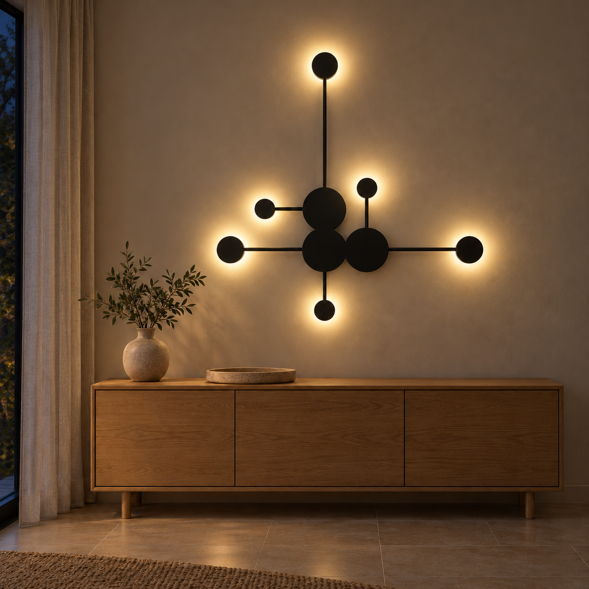 Black branching wall light with three central discs and six smaller satellite discs, illuminated in an interior setting at night.