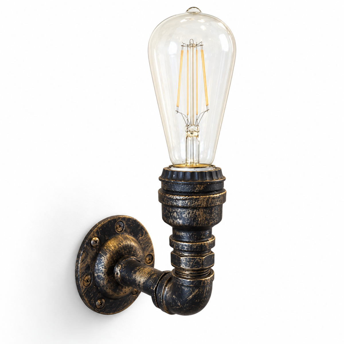 Antique pipe elbow wall light, switched off on a white studio background.