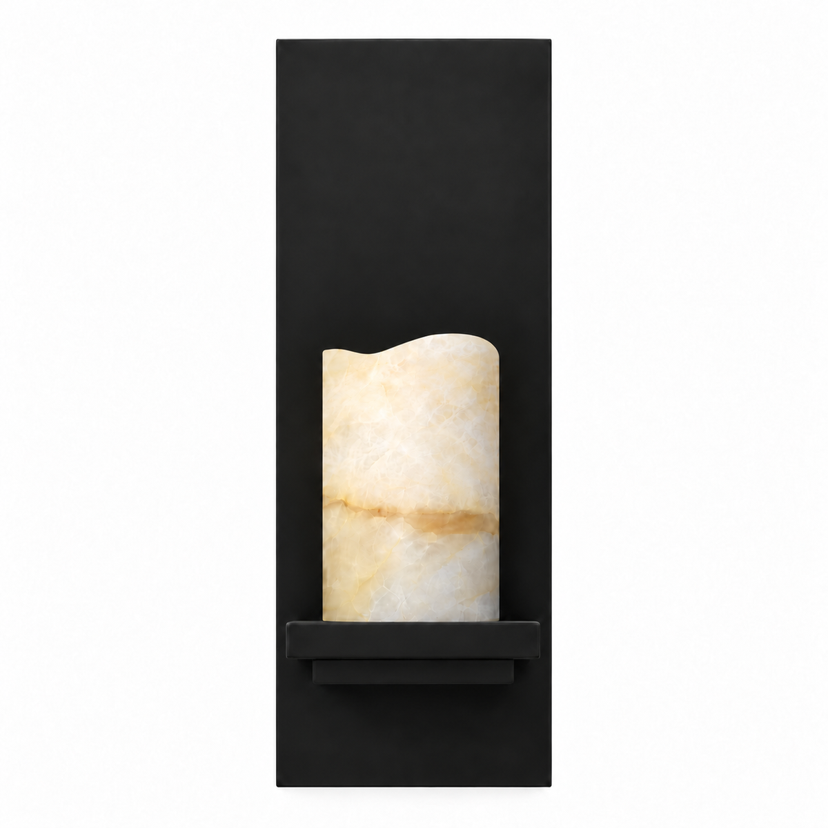Straight-on front view of a black rectangular wall light with a pale stone cylinder on a projecting shelf, switched off against a white background