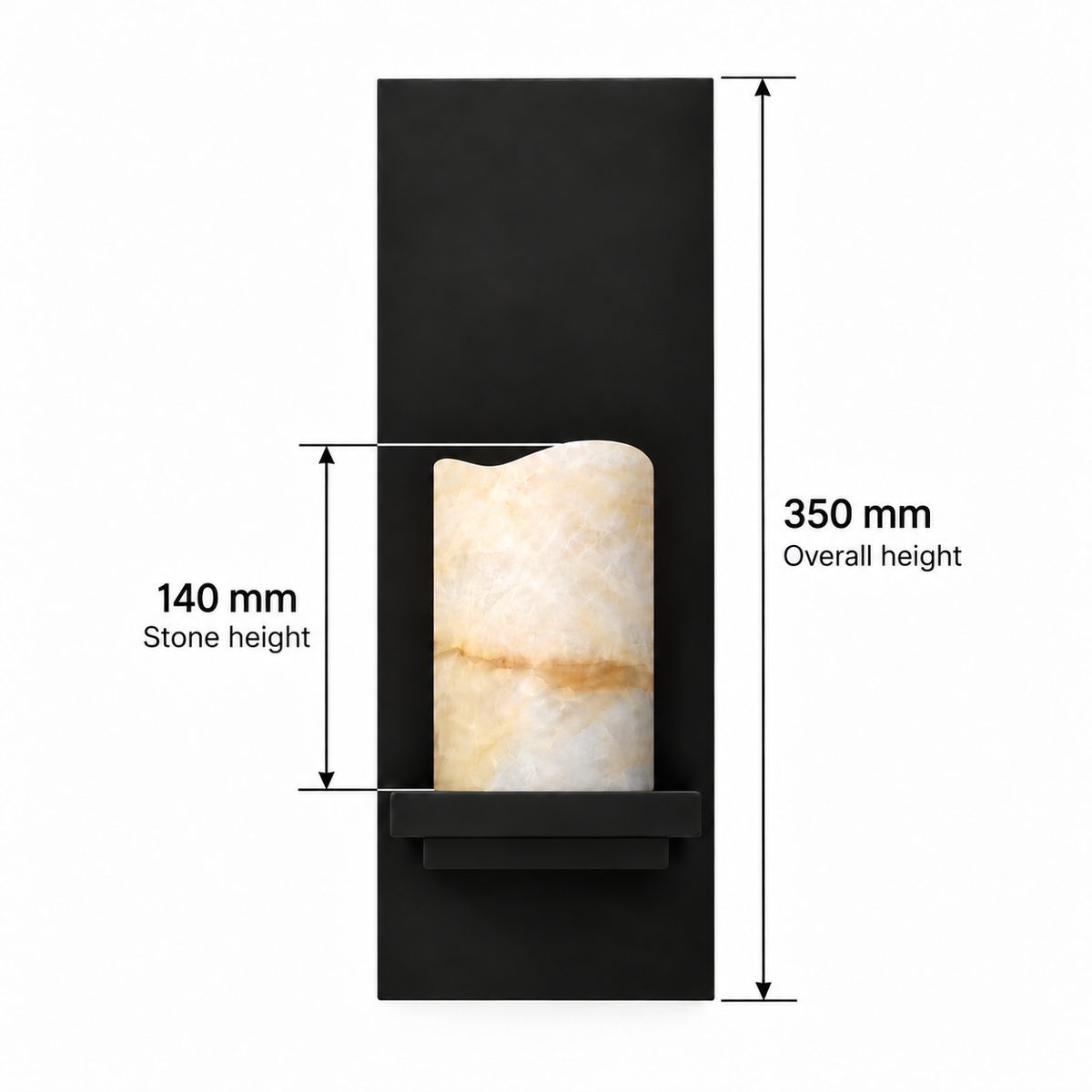 Black plate stone wall light dimension guide showing 350 mm overall height and 140 mm stone-only height
