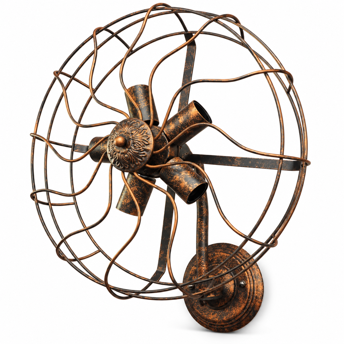 Industrial fan cage wall light, switched off on a white studio background.