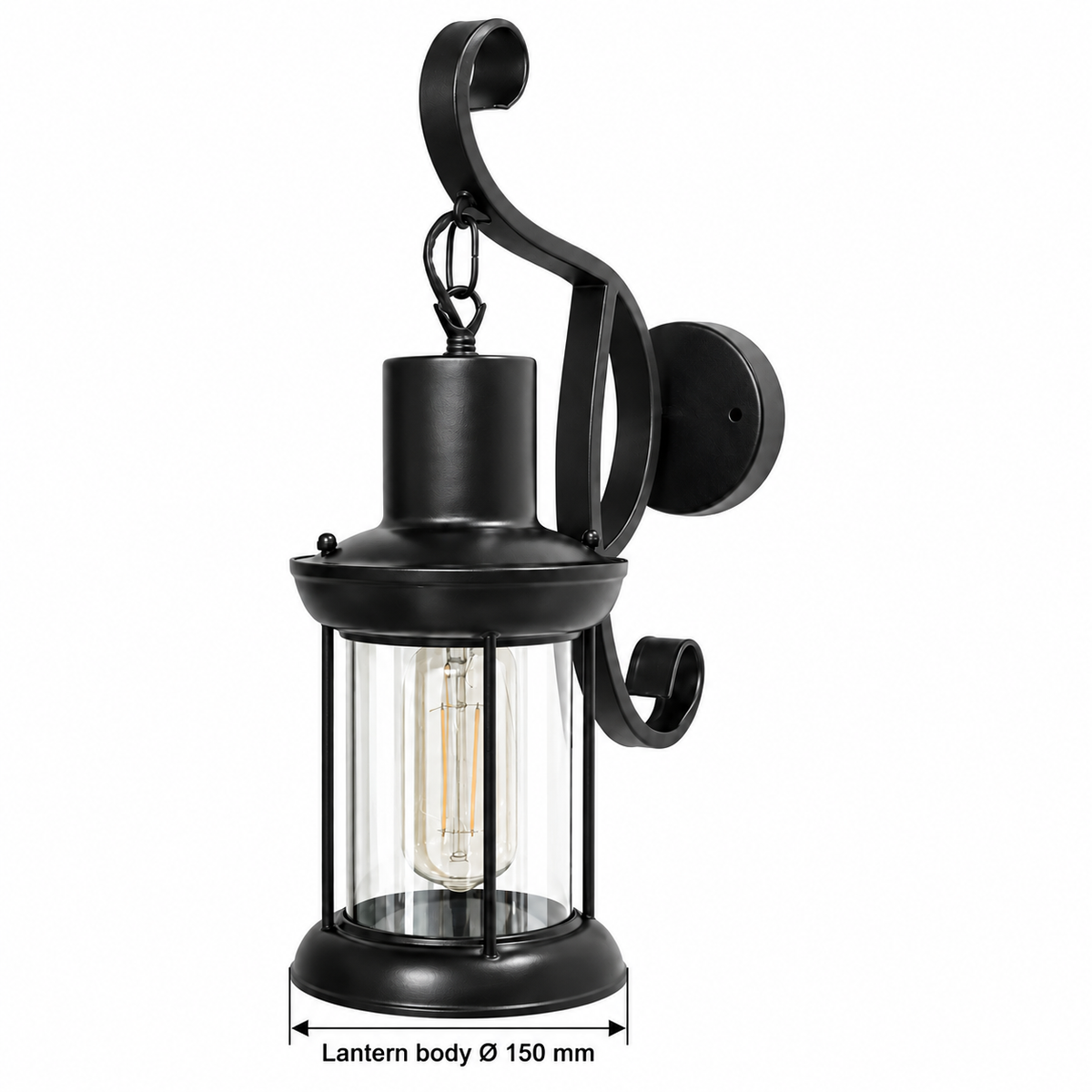 Black scroll hanging lantern wall light dimension diagram showing lantern body diameter 150 mm.