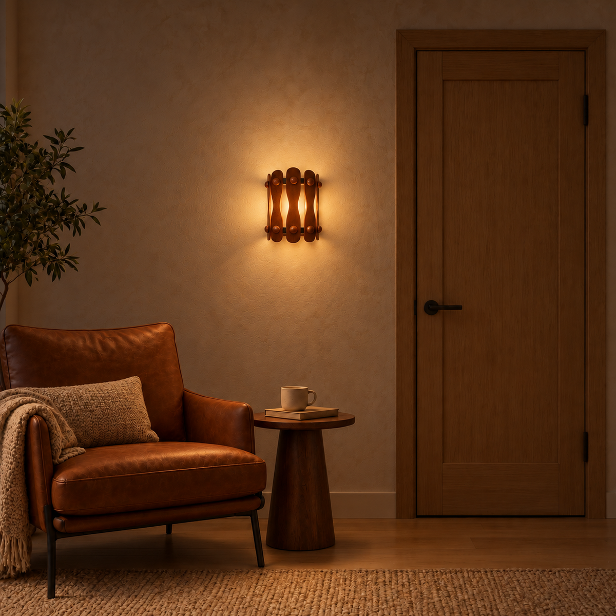 Curved wood paddle wall light, illuminated in a nighttime interior setting.