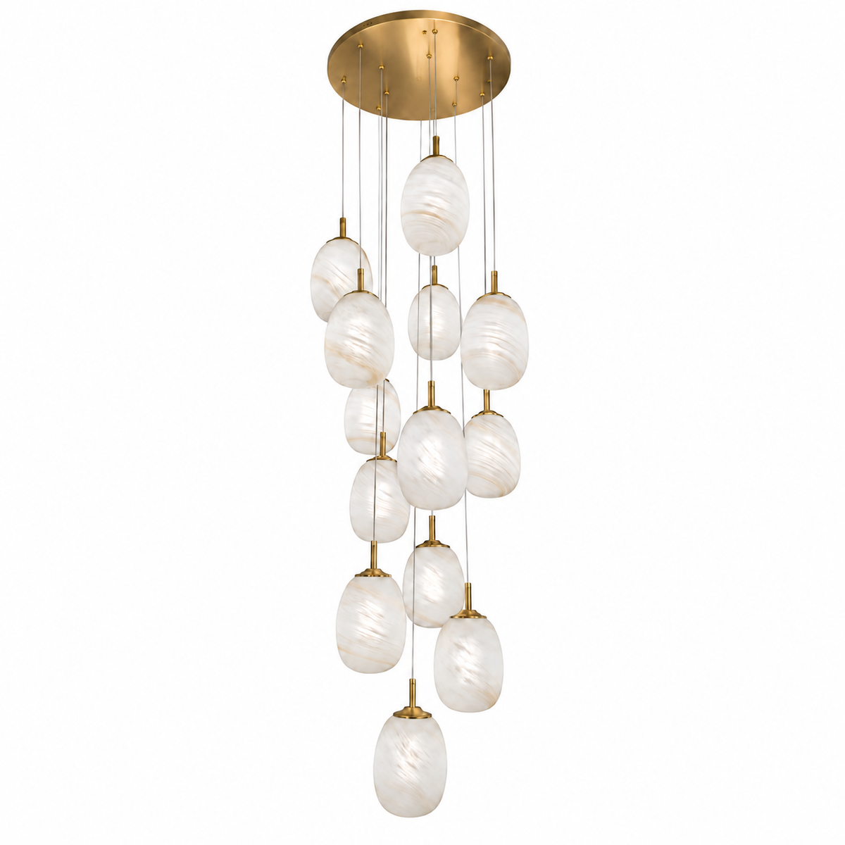 White Glass 13-Pendant Cascade Chandelier shown unlit against a studio background