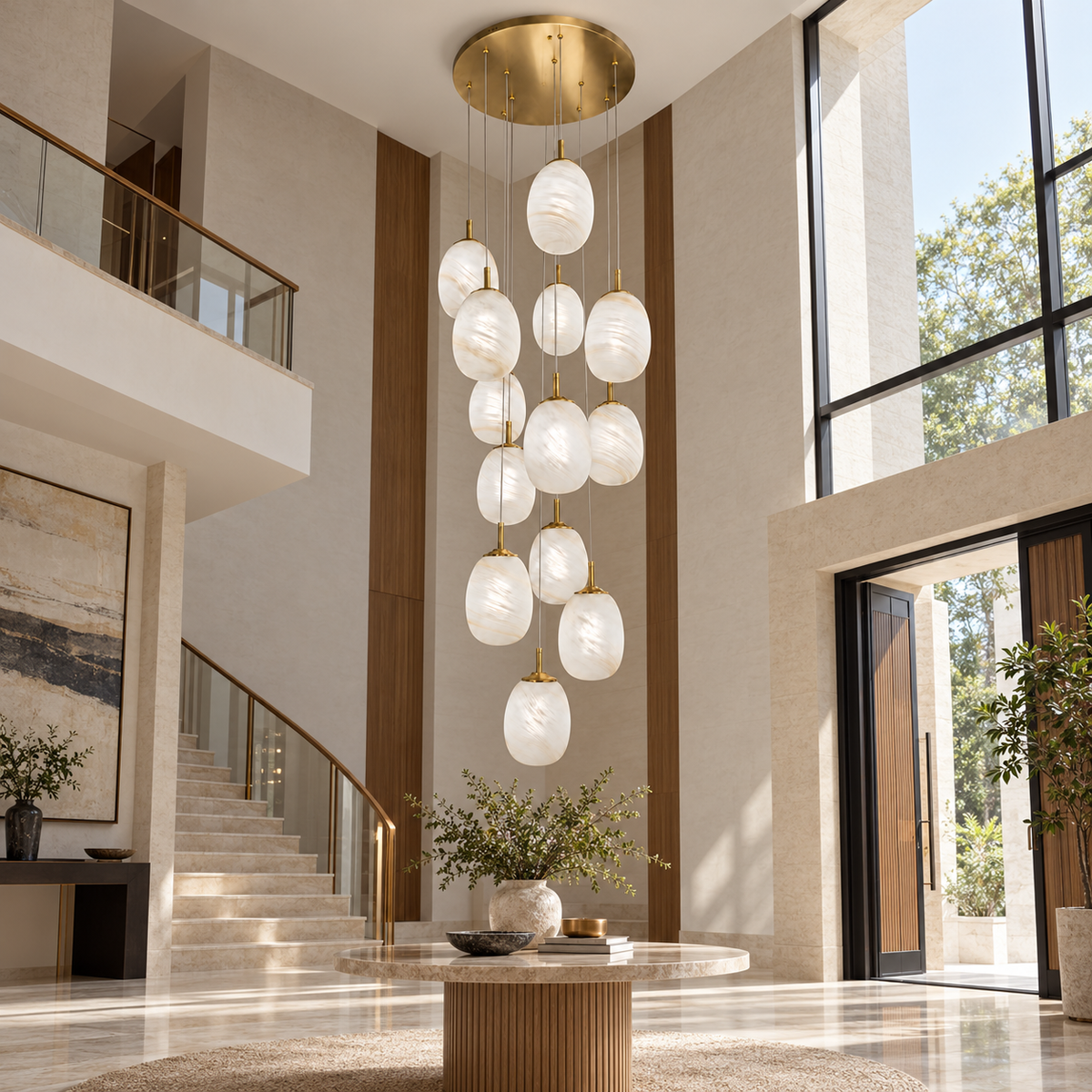 White Glass 13-Pendant Cascade Chandelier shown unlit in a daytime interior