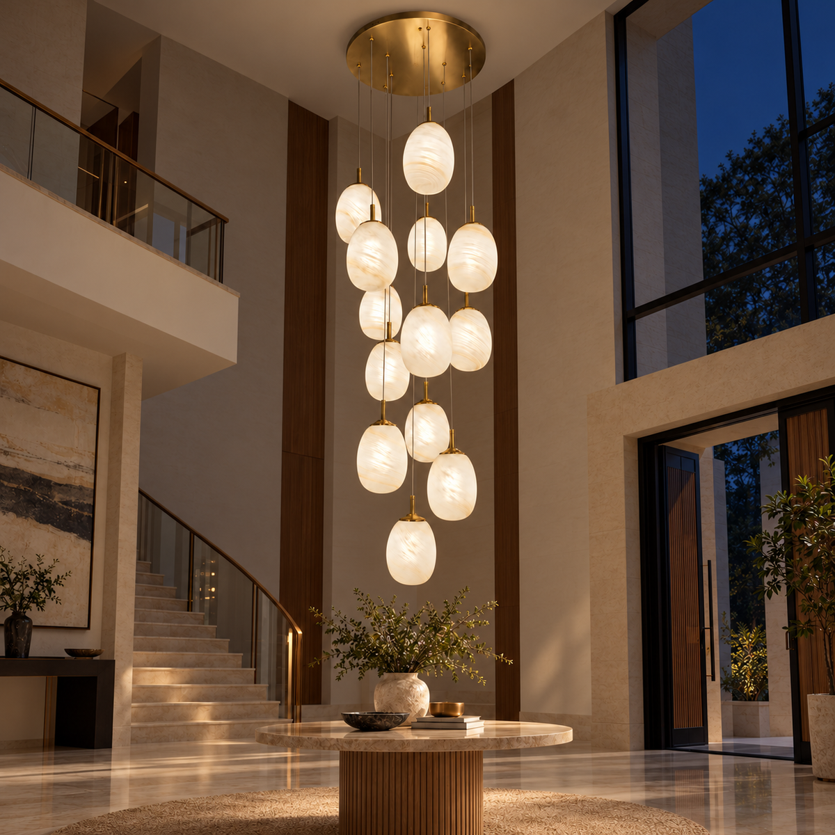 White Glass 13-Pendant Cascade Chandelier shown illuminated in an evening interior