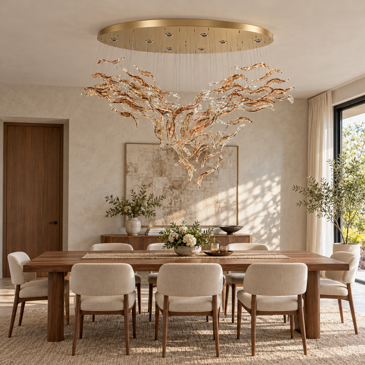 GT8095--1500 tea-glass branch cascade chandelier in a daylight interior.