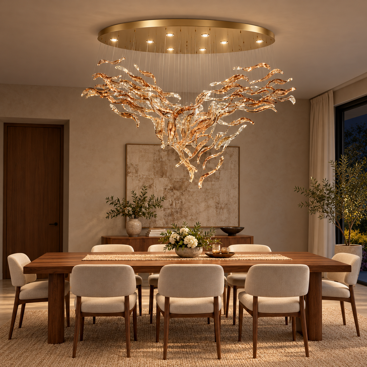 GT8095--1500 tea-glass branch cascade chandelier illuminated in a night interior.