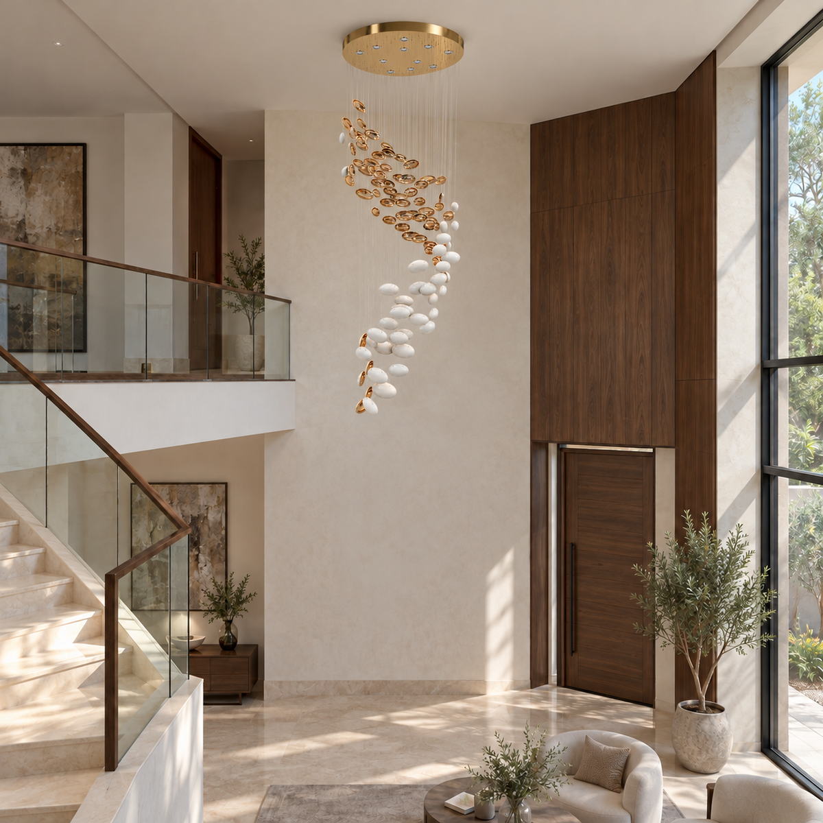 GT8101--D800XH2200 gold and white glass cascade chandelier in a daylight interior.