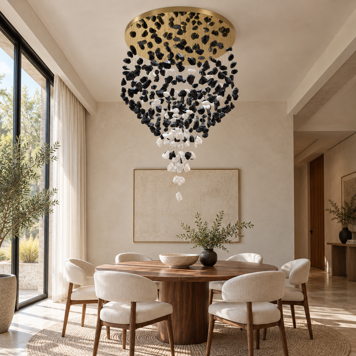 GT8110--D800 round black and white stone chandelier in a daylight interior.