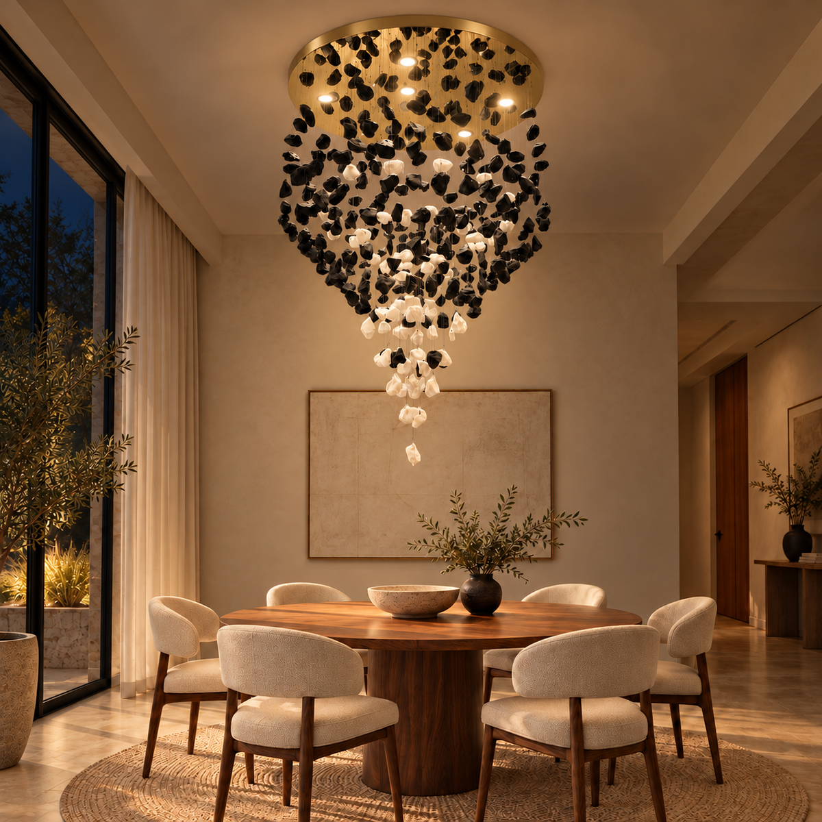 GT8110--D800 round black and white stone chandelier illuminated in a night interior.