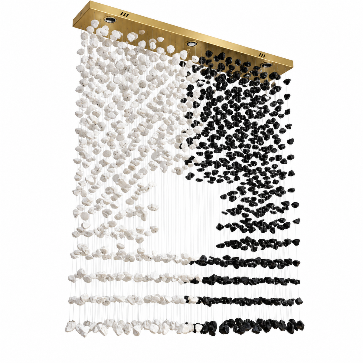 Studio view of GT8110—L1200XW300, linear black and white stone chandelier.