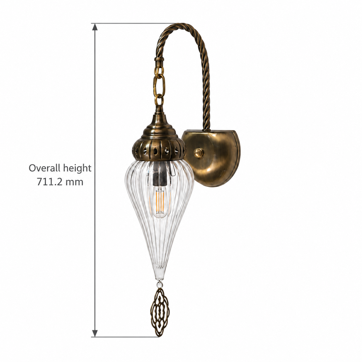 Clear Ribbed Teardrop Lantern Wall Light dimension diagram showing 711.2 mm overall height.