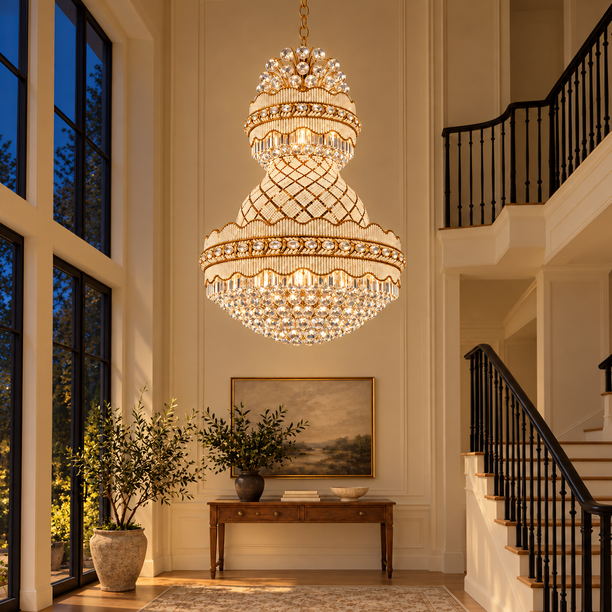 Golden Diamond Palace Chandelier — illuminated evening view