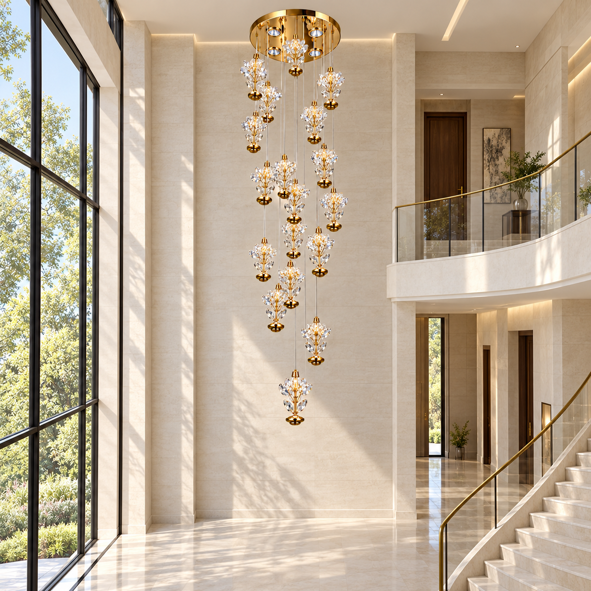 Golden Laurel Cascade Chandelier — daytime interior view