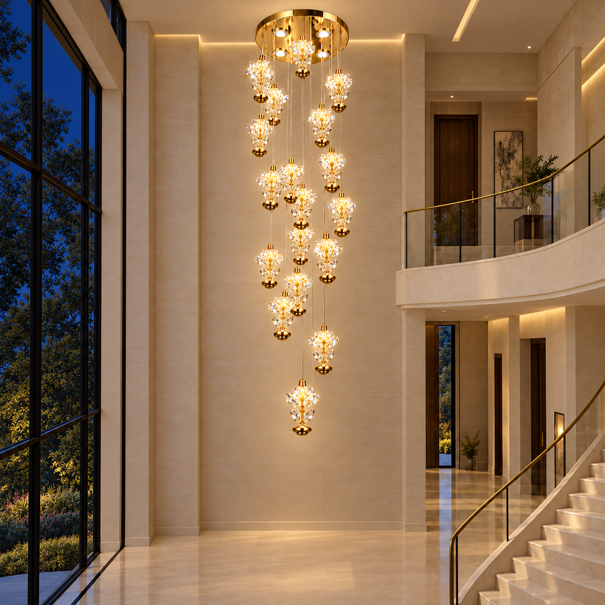 Golden Laurel Cascade Chandelier — illuminated evening view