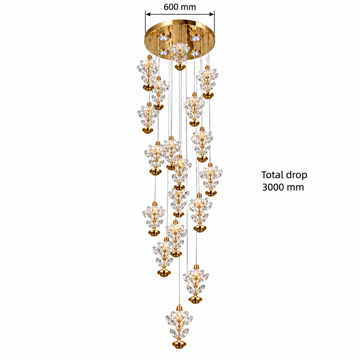 Golden Laurel Cascade Chandelier — dimension guide