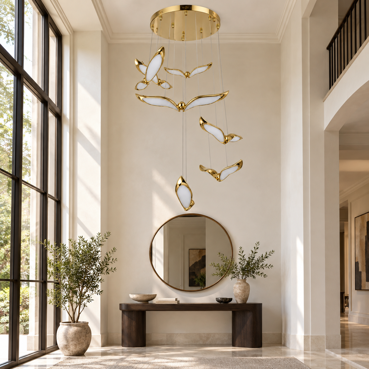 Golden Wing Cascade Chandelier — daytime interior view