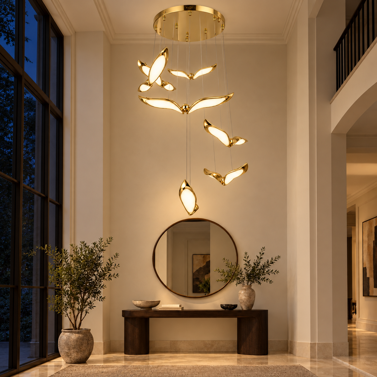 Golden Wing Cascade Chandelier — illuminated evening view
