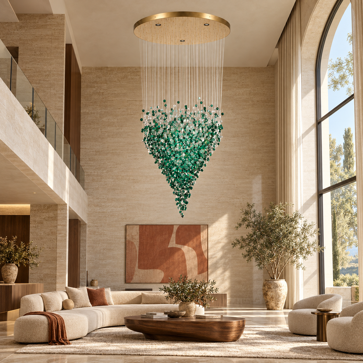 Grand Emerald Stone Cascade Chandelier — daytime interior view