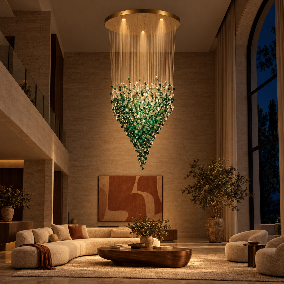 Grand Emerald Stone Cascade Chandelier — illuminated evening view