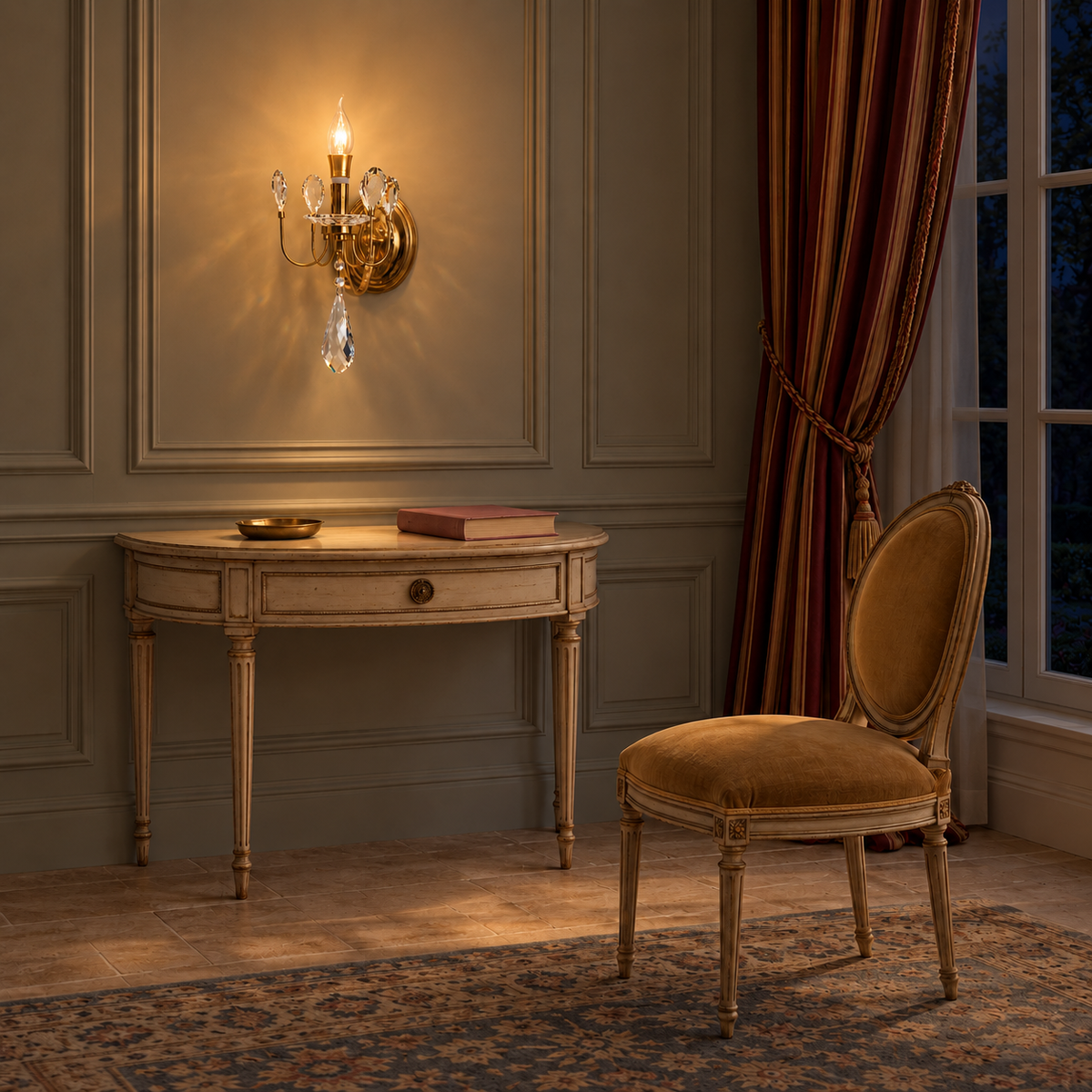 Crystal candle wall light illuminated above a console beside an upholstered chair at night