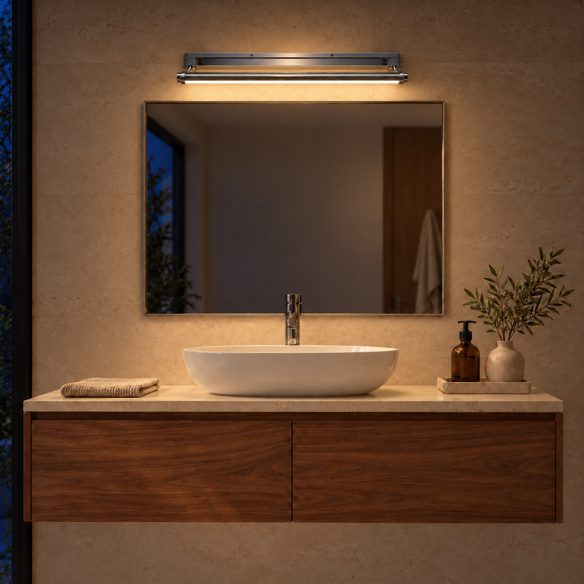 Chrome Open-Support Picture Light, 450 mm illuminated in the same residential interior at night