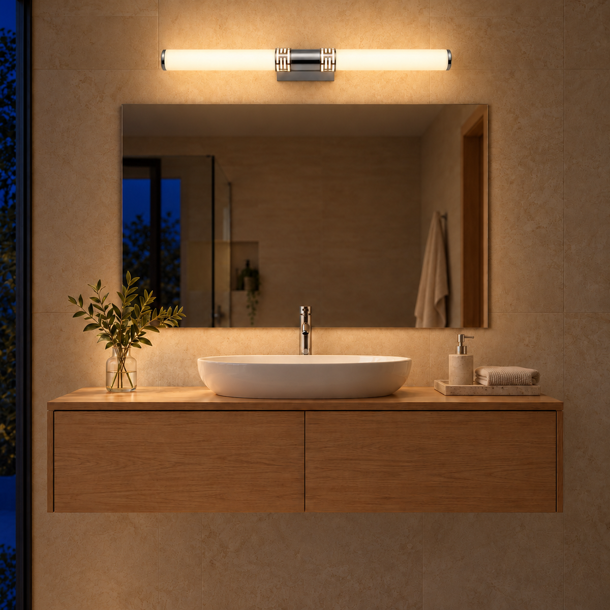 Chrome Twin-Tube Picture Light, 560 mm illuminated in the same residential interior at night