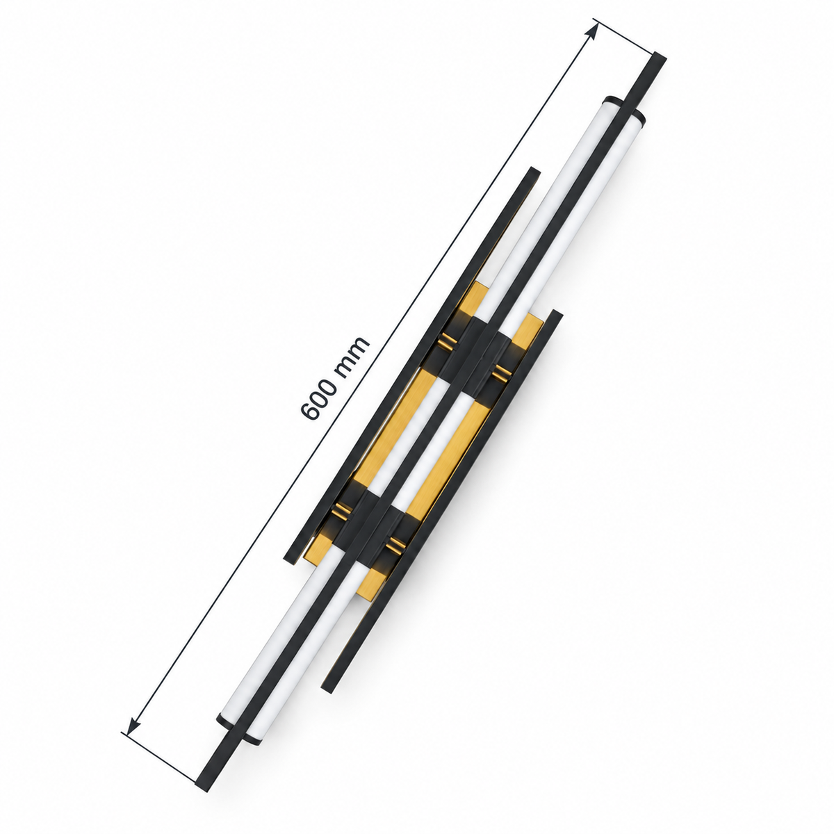 Twin luminous rod wall light with gold-toned and dark details at the centre dimension diagram showing 600 mm fixture length.
