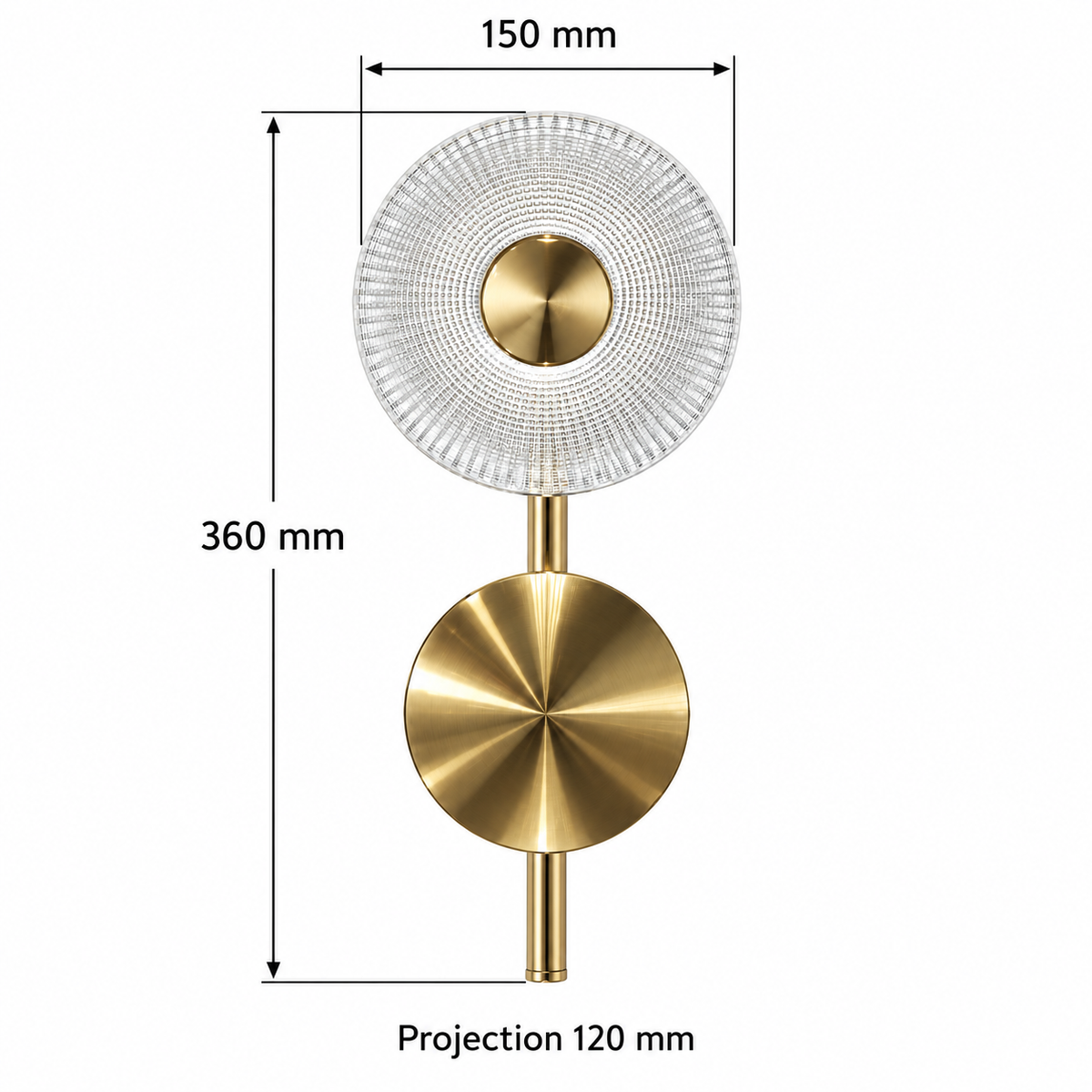 Clear glass disc wall light dimension diagram showing 360 mm overall height, 150 mm overall width and 120 mm projection.