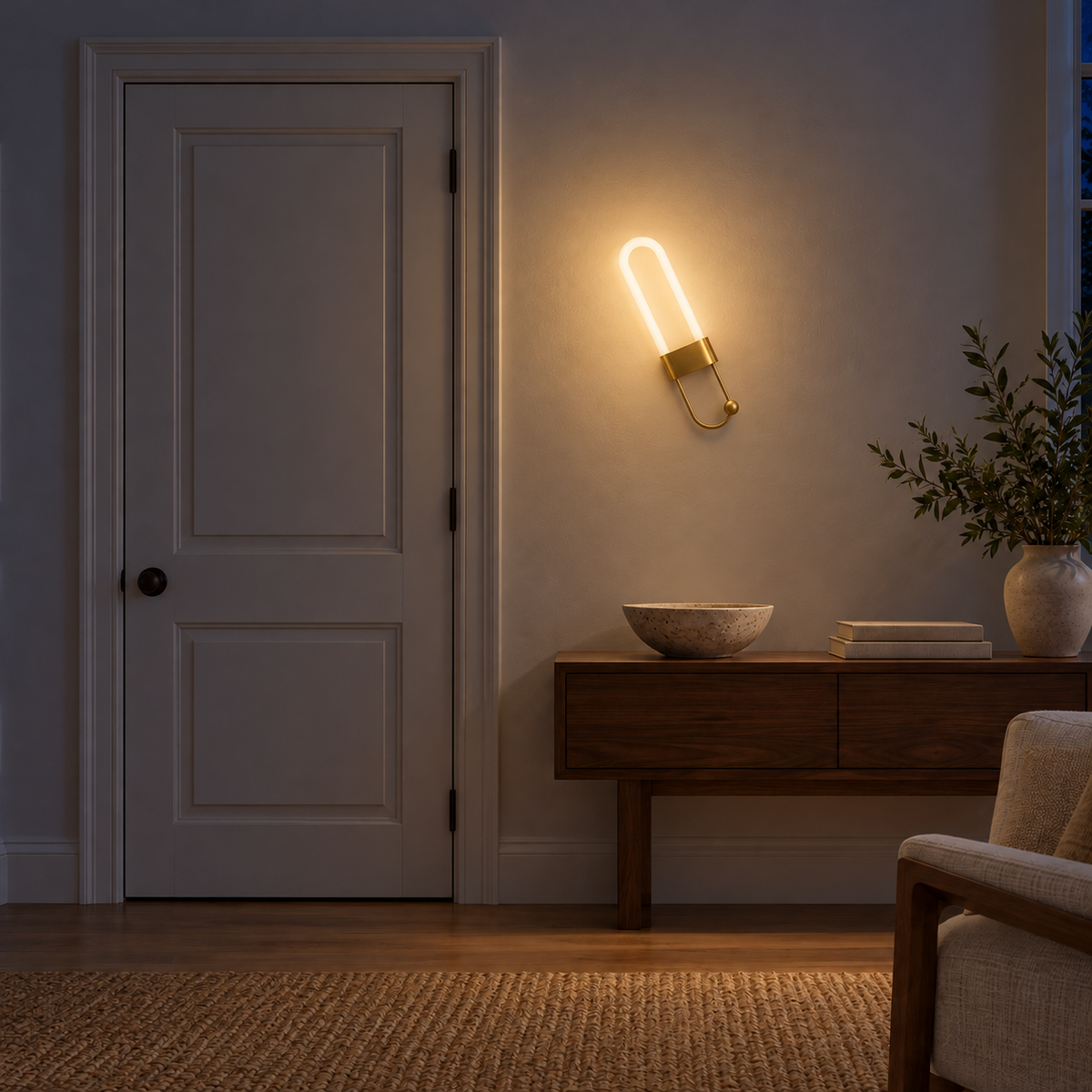 Capsule Loop and Ball Detail Wall Light illuminated in a night-time interior setting.